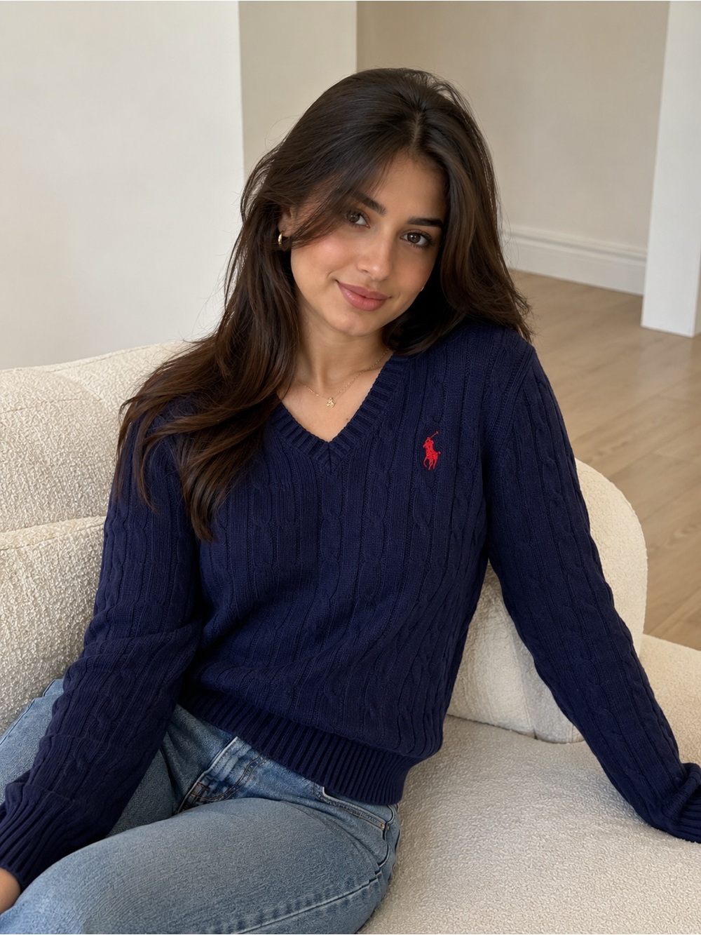 Ralph Lauren logo Navy V-Neck Cable-Knit Sweater with Red Pony